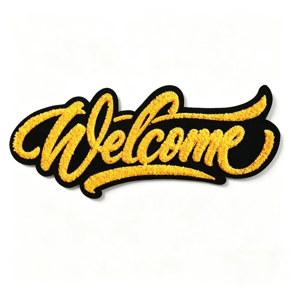 Yellow Welcome script chenille patch on black felt