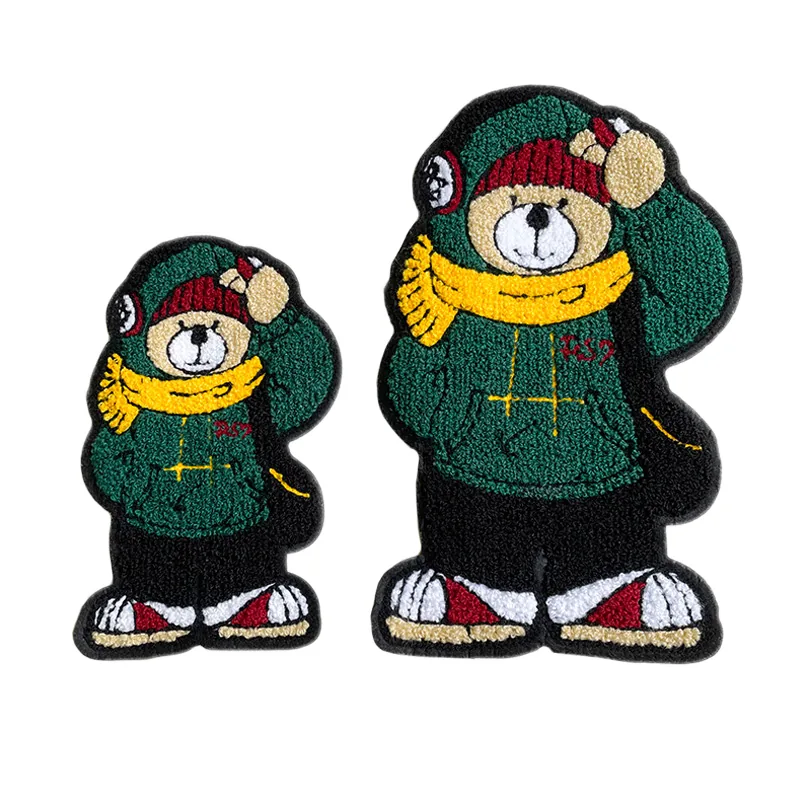Green winter bear mascot chenille patches in two sizes