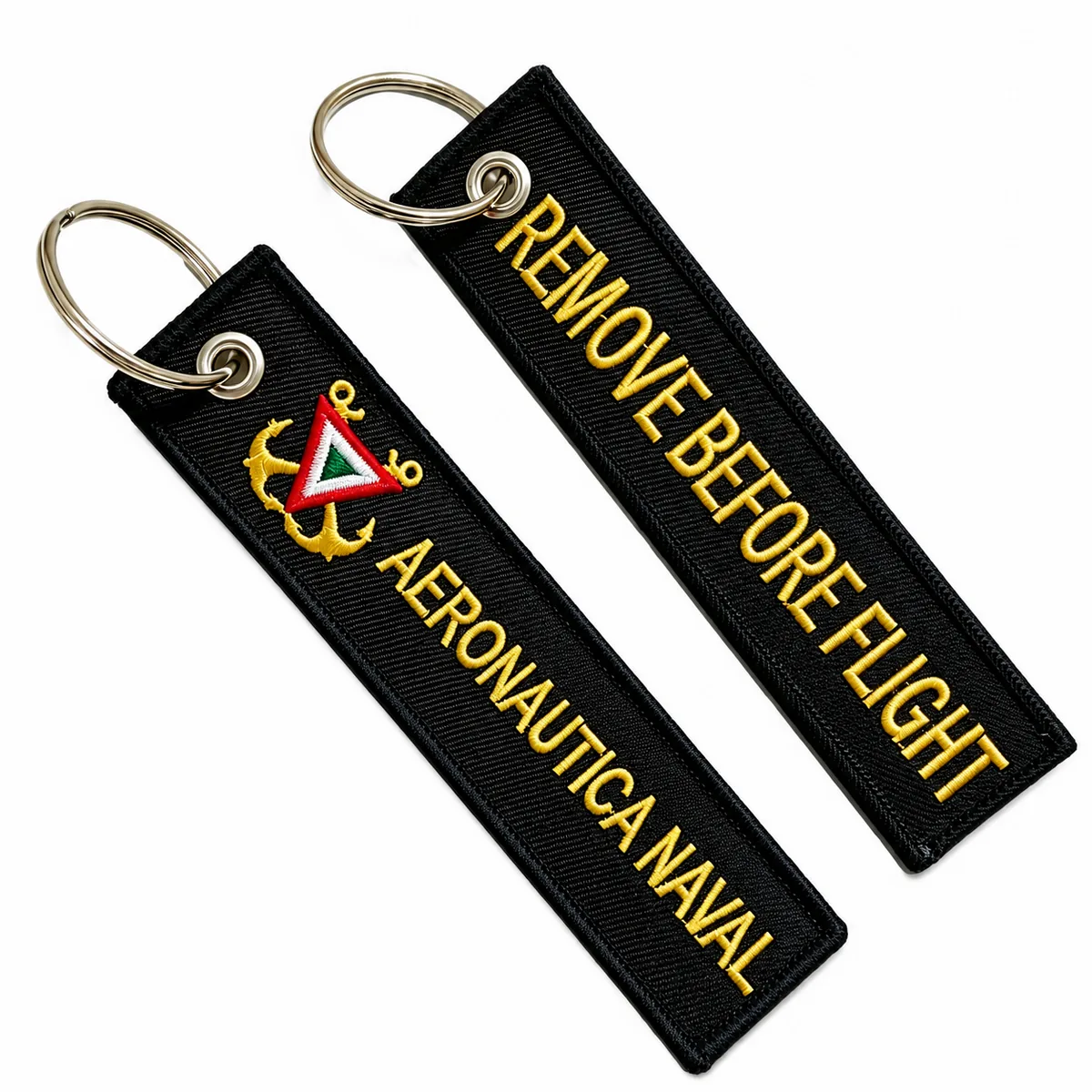 Black embroidered aviation keychain pair with gold lettering