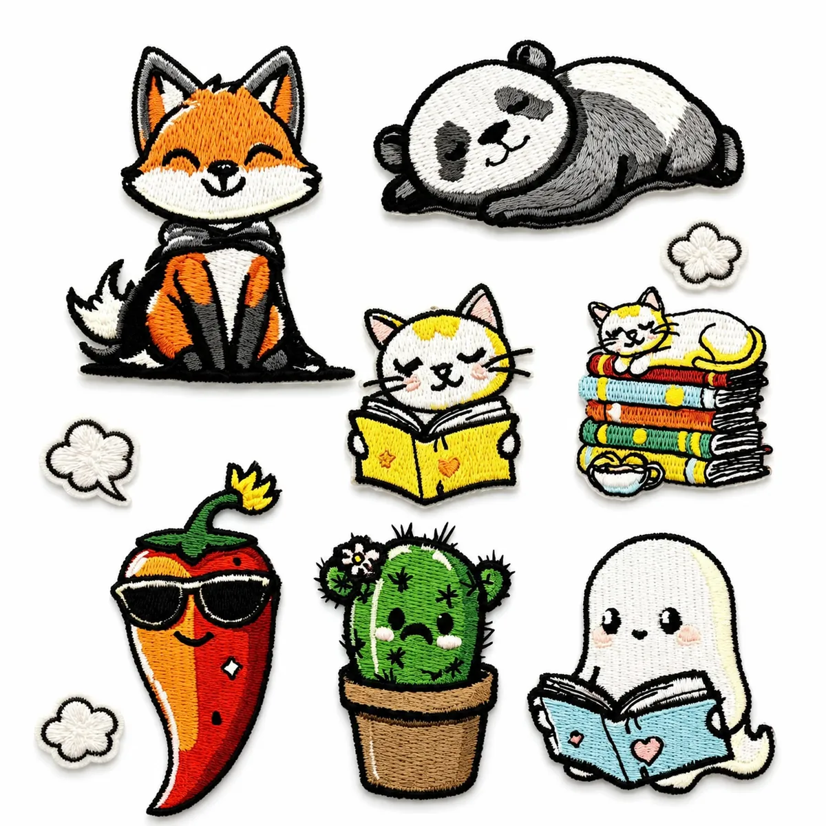 Colorful embroidered fox panda cat pepper cactus and ghost patch set