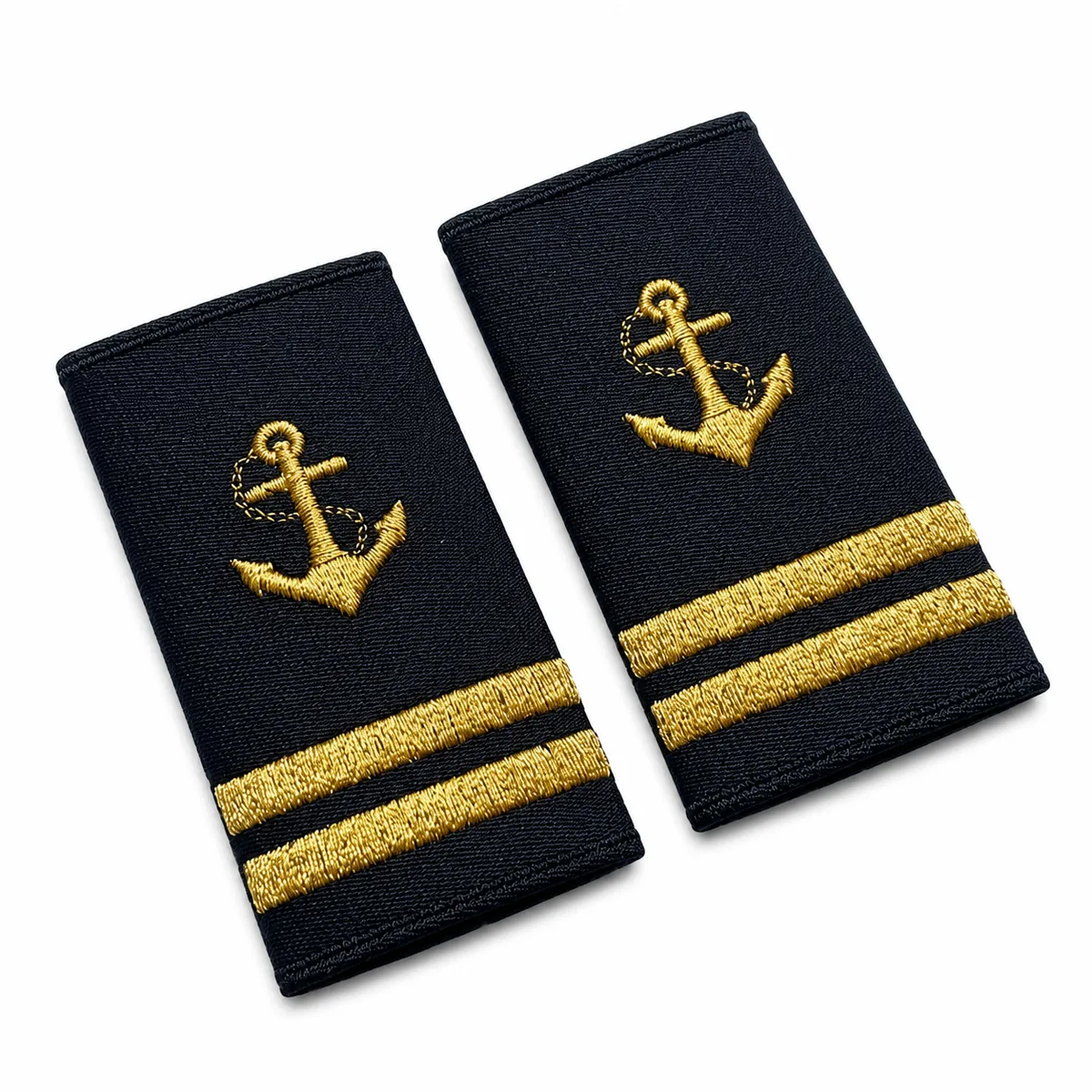 Navy uniform shoulder patches with gold embroidered anchors and stripes