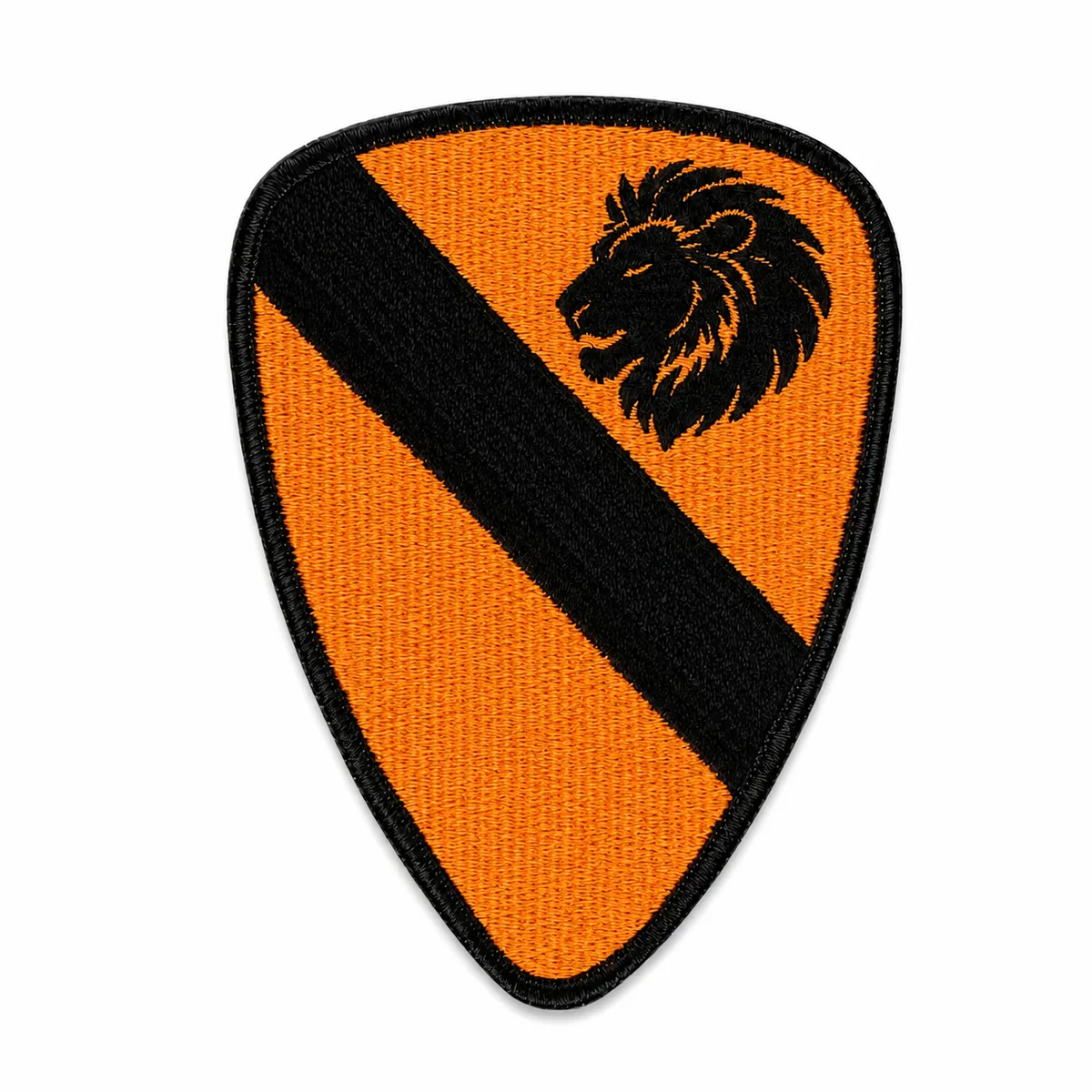 Orange and black embroidered lion shield patch