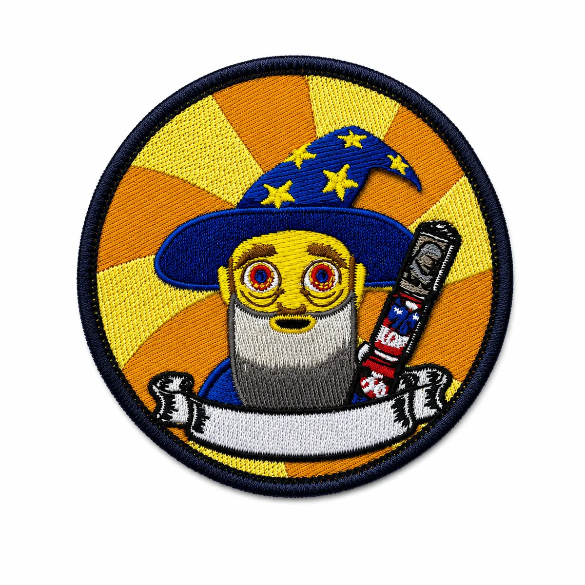 Round embroidered wizard character patch in yellow and blue