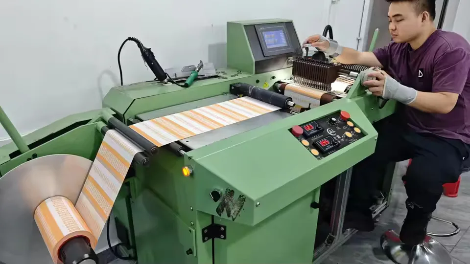 Operator running an ultrasonic slitting machine for woven trim