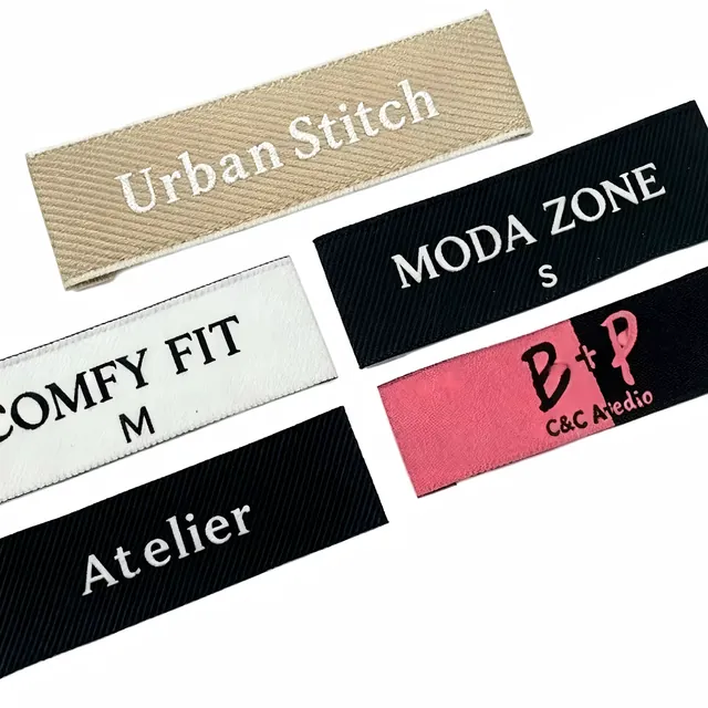Eco-Friendly Brand Logo Miter Fold Woven Labels for Garment Bags Shoes-Sewing-On Application