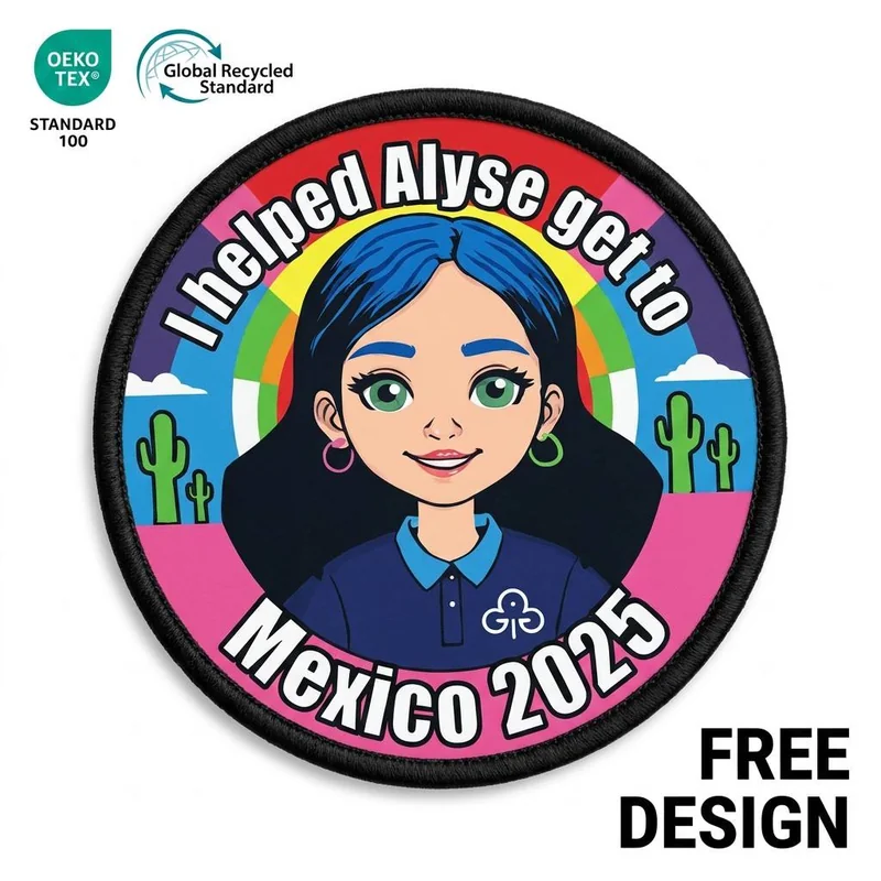 Custom heat transfer patch with full-colour cartoon artwork and merrowed border