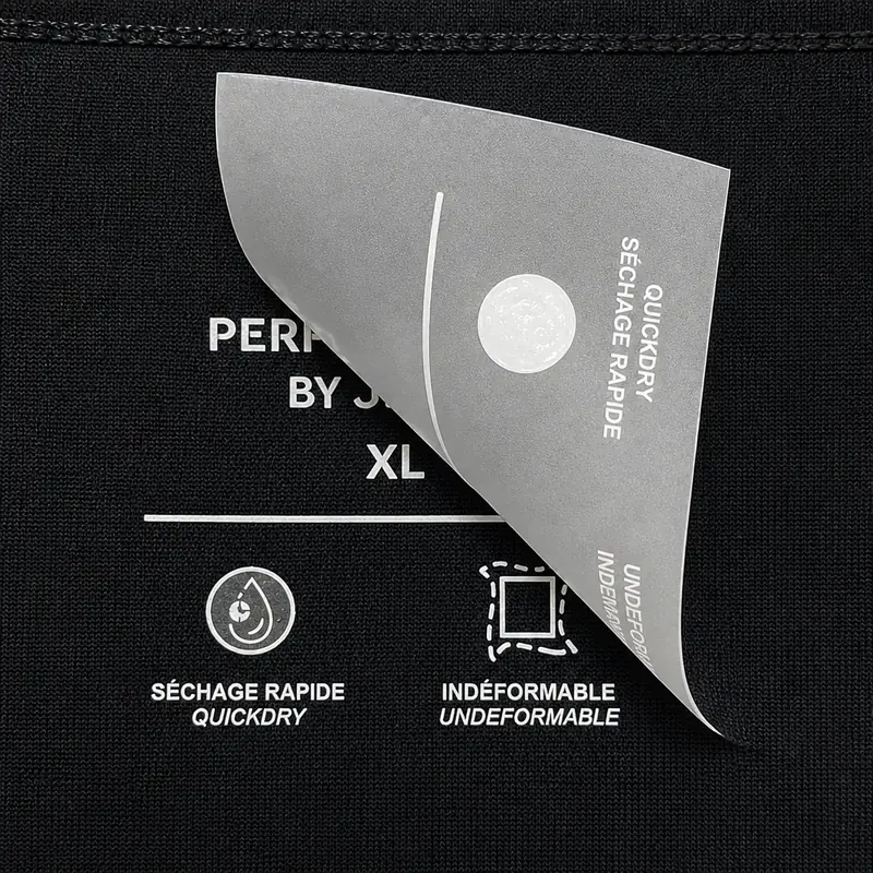 Custom heat transfer label being peeled, showing sharp white print on black knit fabric