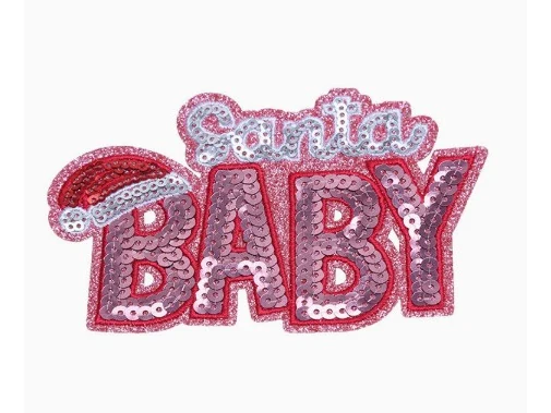 Custom sequin embroidered Santa Baby patch on a pink glitter base with embroidered outlines