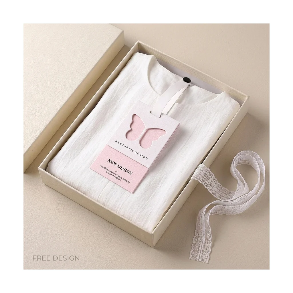 Custom apparel hang tag packaging set with string and folded retail card