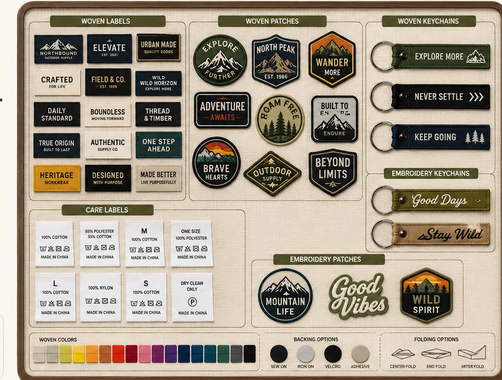 Custom woven labels, care labels, woven patches, woven keychains, embroidered patches and embroidered keychains