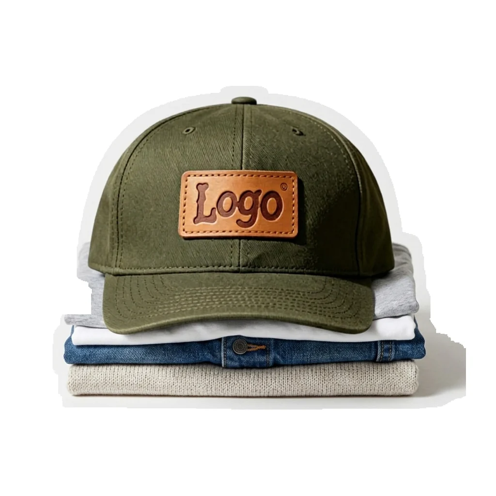 Custom debossed leather patch applied on a cap and apparel stack