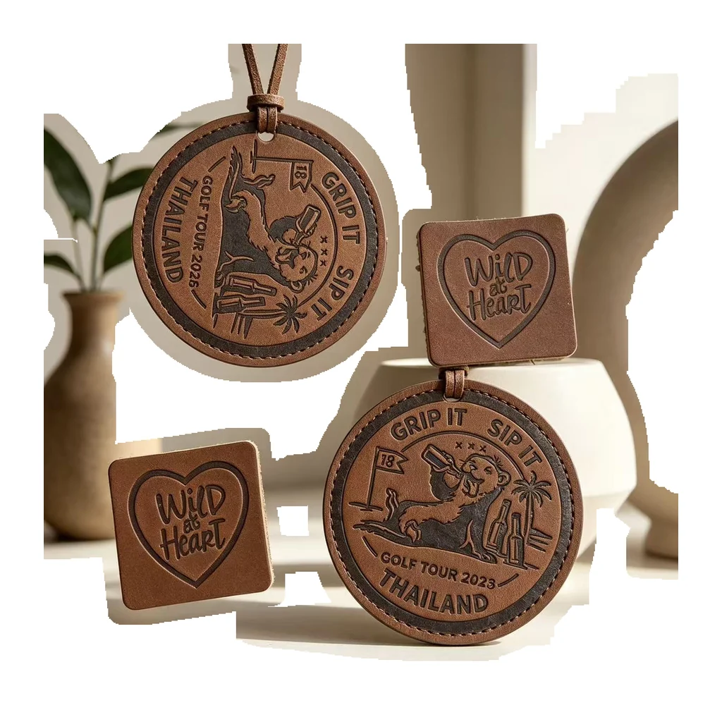 Round and square brown leather patches with engraved travel and heart artwork
