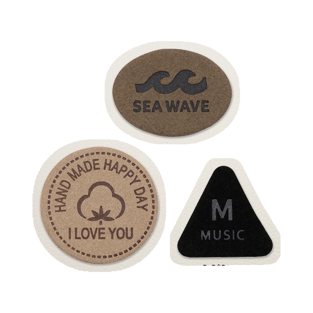 Mixed round and shaped PU leather patches with printed and debossed logos