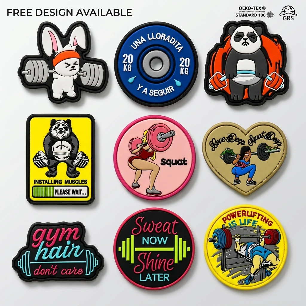 Custom fitness themed PVC rubber patch set with 3D molded detail