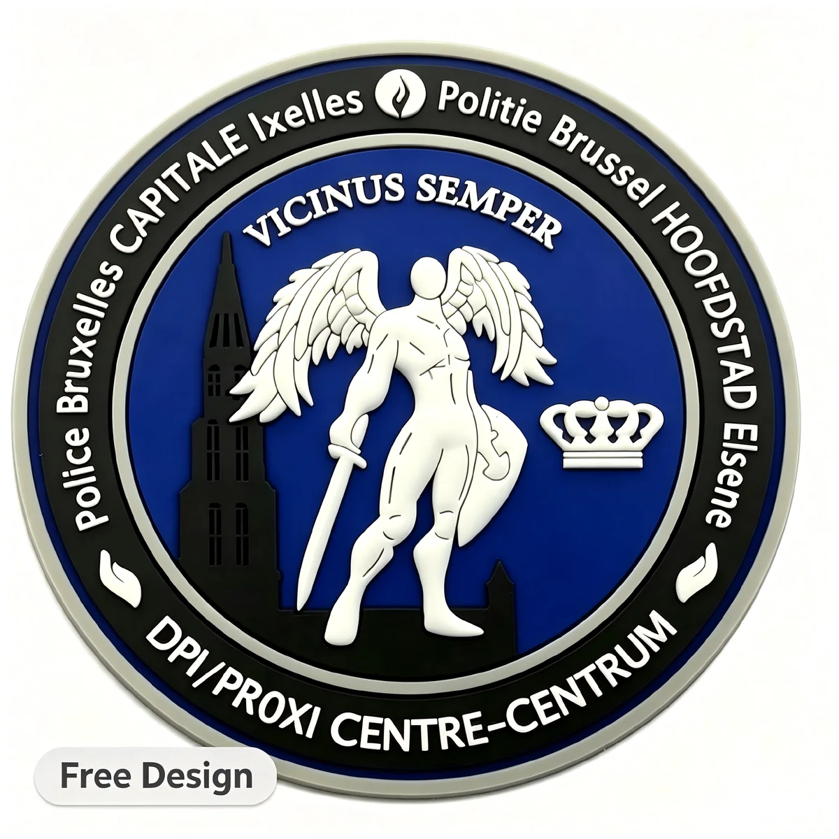 Custom round blue police PVC patch with raised lettering and emblem