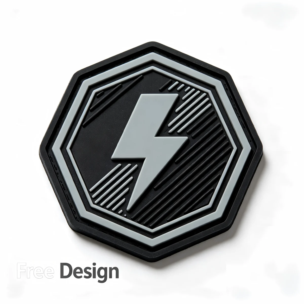 Black geometric custom PVC patch with raised lightning logo