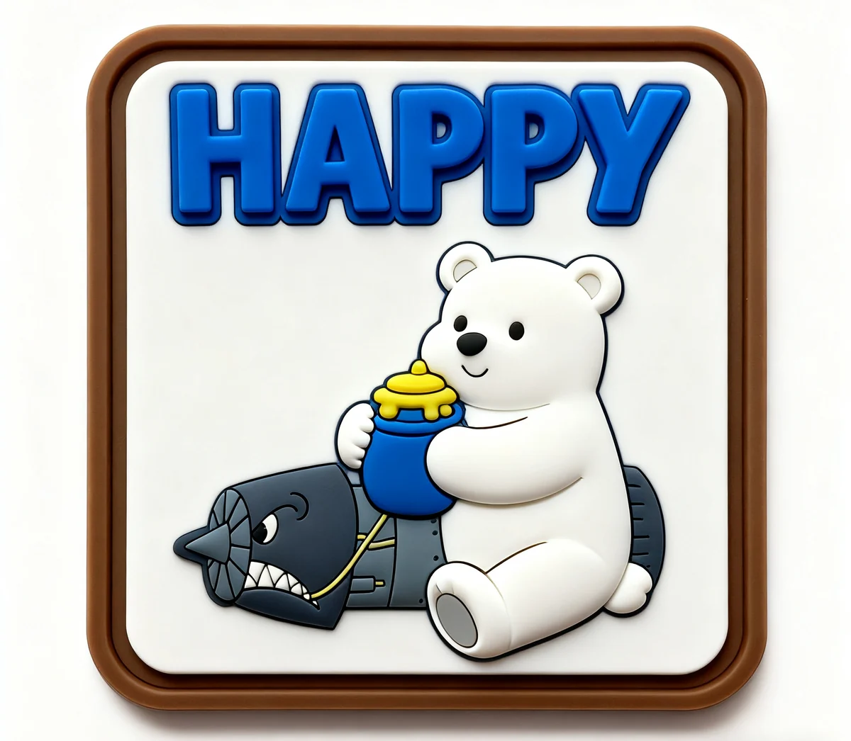Custom molded PVC patch with raised bear and airplane artwork