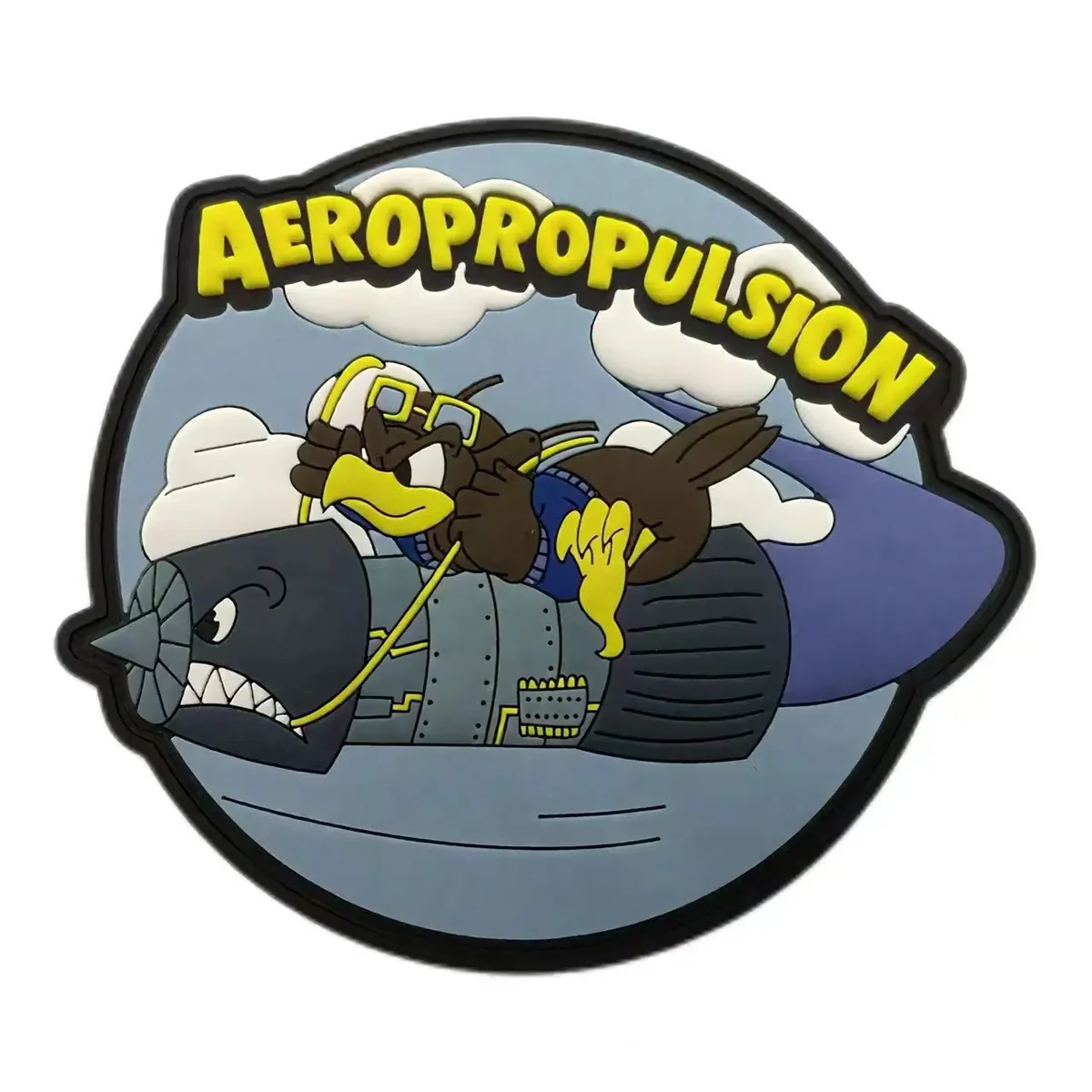 Custom aviation PVC rubber patch with raised lettering and mascot artwork