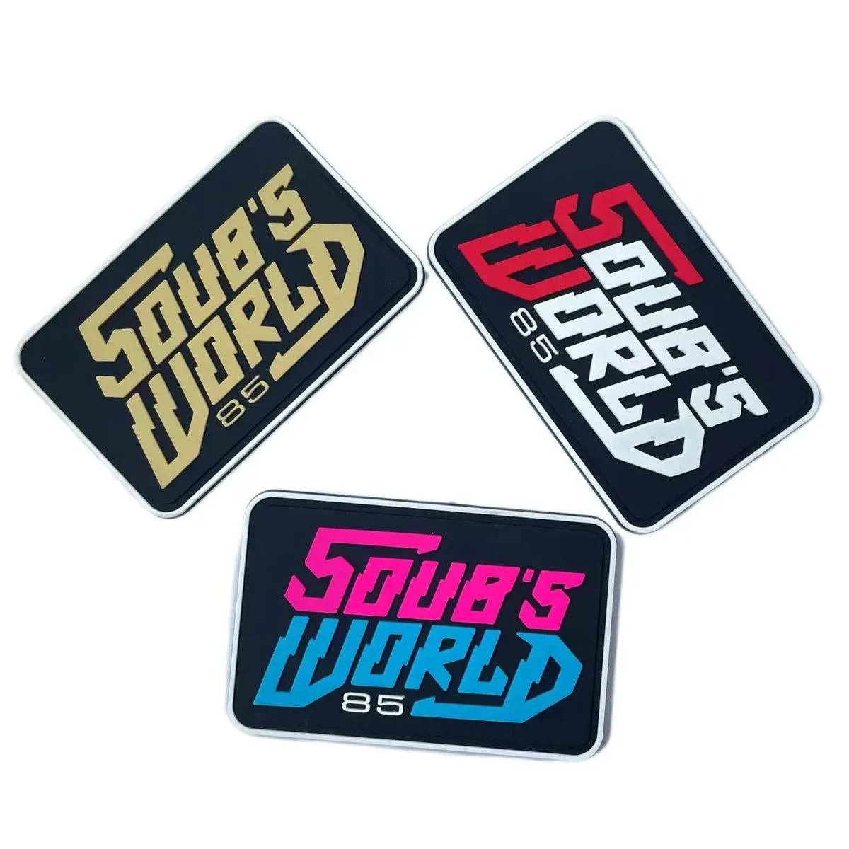 Custom black rectangular PVC rubber patches with raised logo lettering