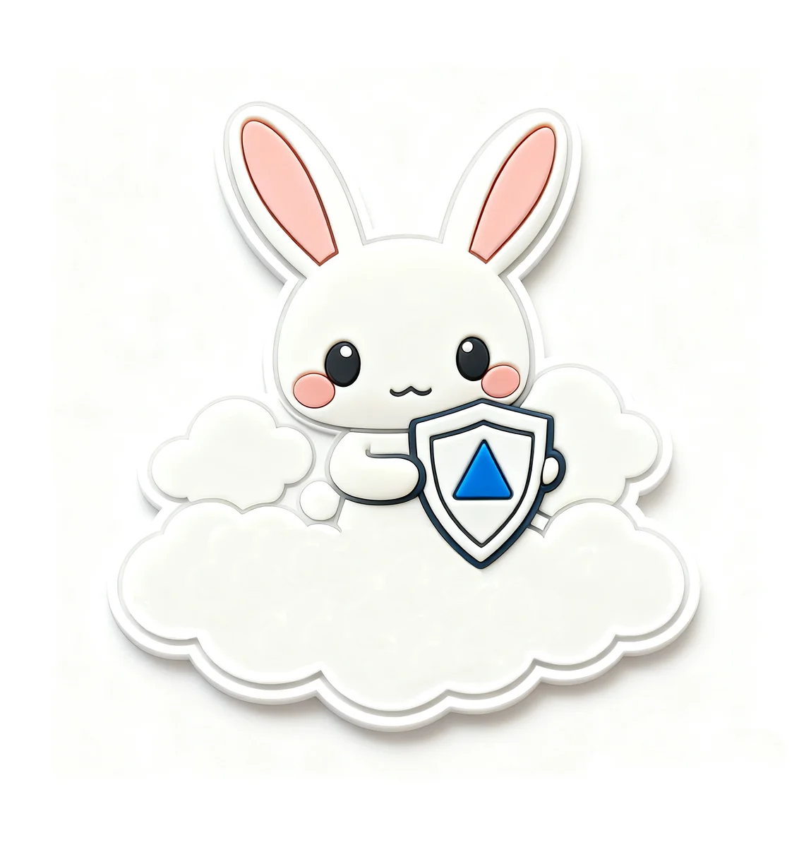 White bunny custom PVC patch with raised shield artwork and cloud outline