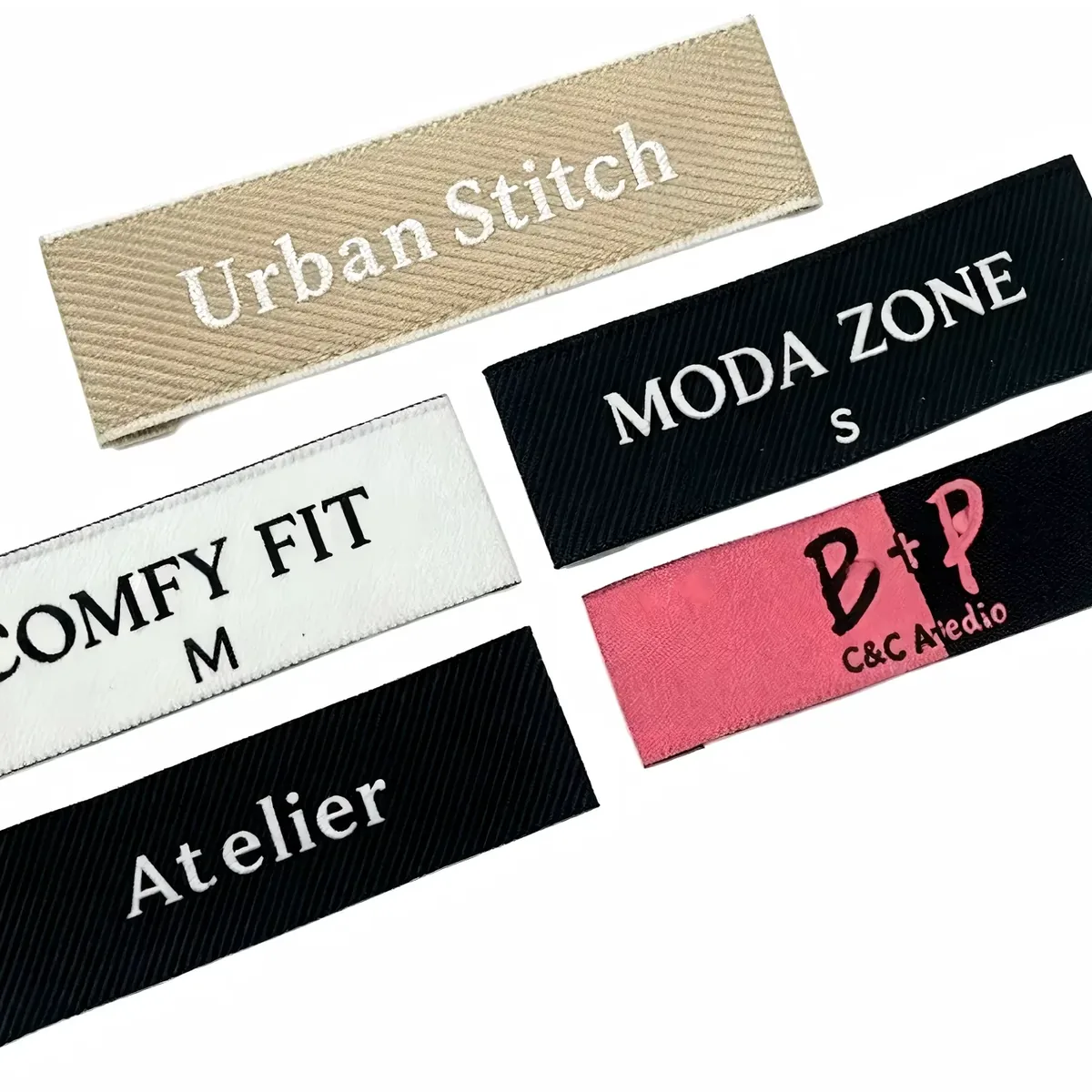 Damask woven labels in five colorways