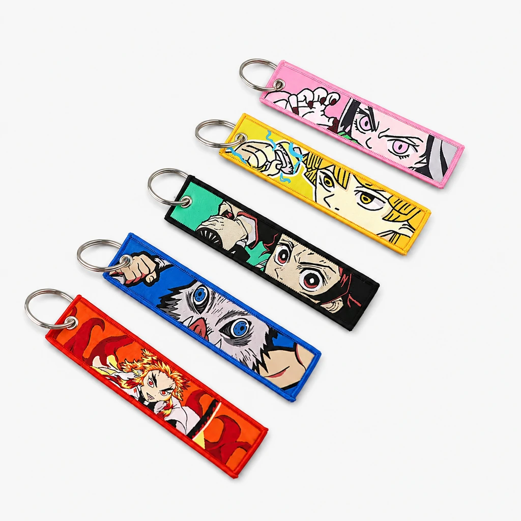 Custom woven keychain in bright multi-color artwork