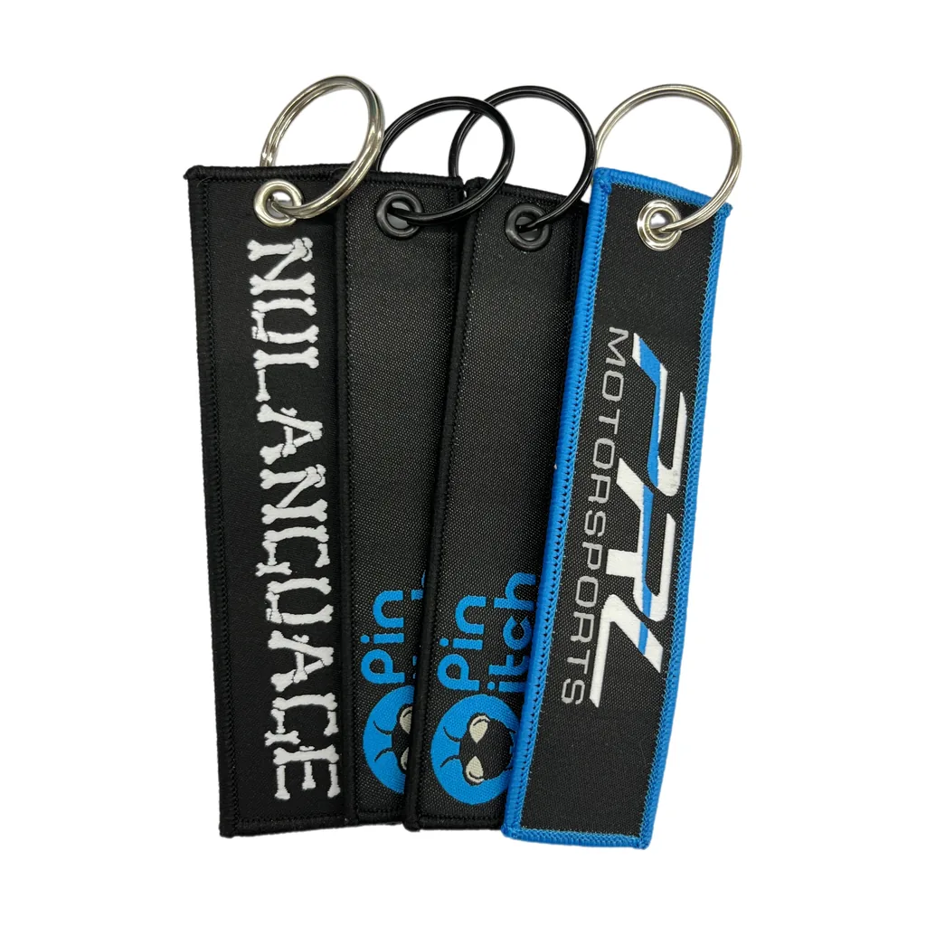 Woven keychain sample with reinforced metal eyelet