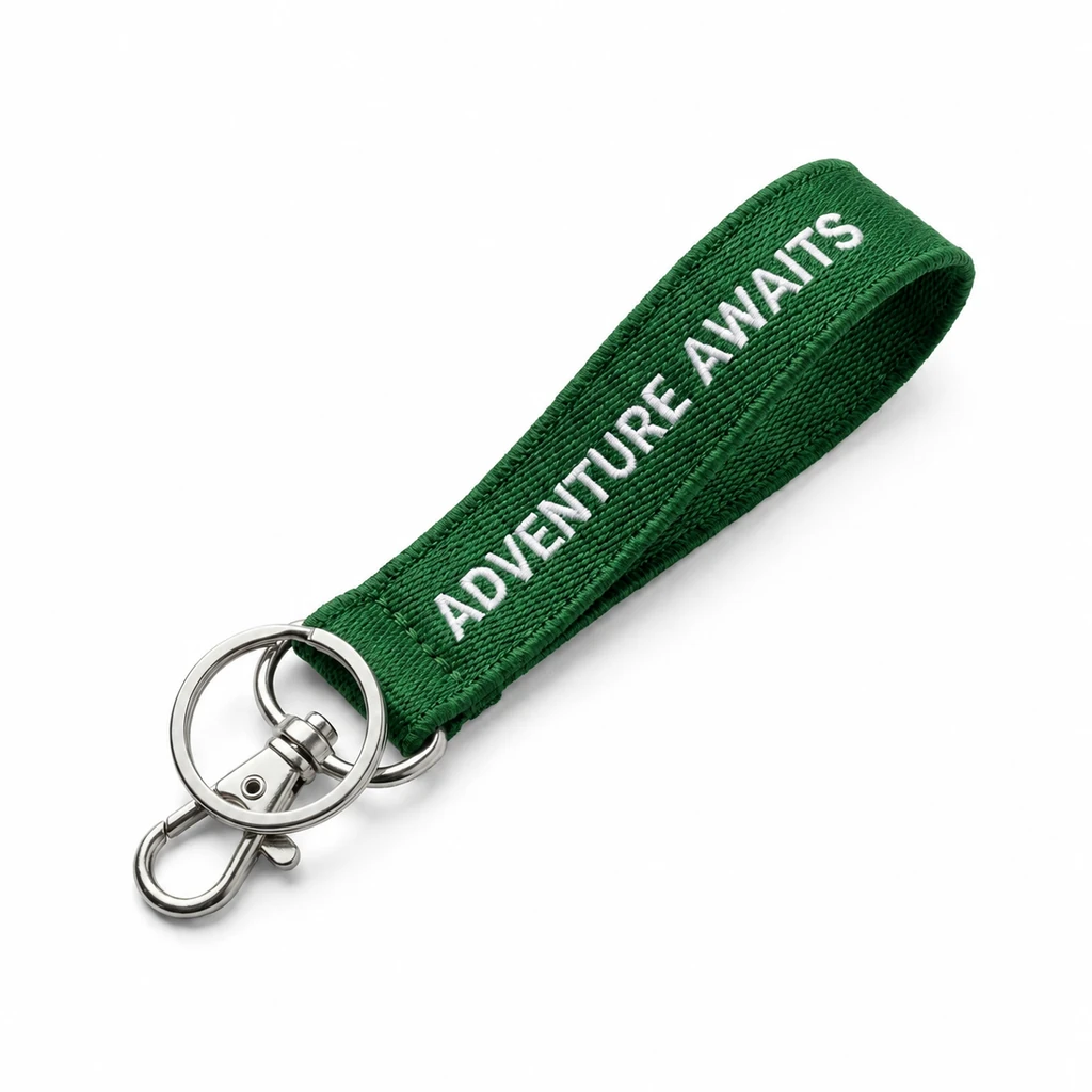 Double-sided woven jet tag keychain with clasp