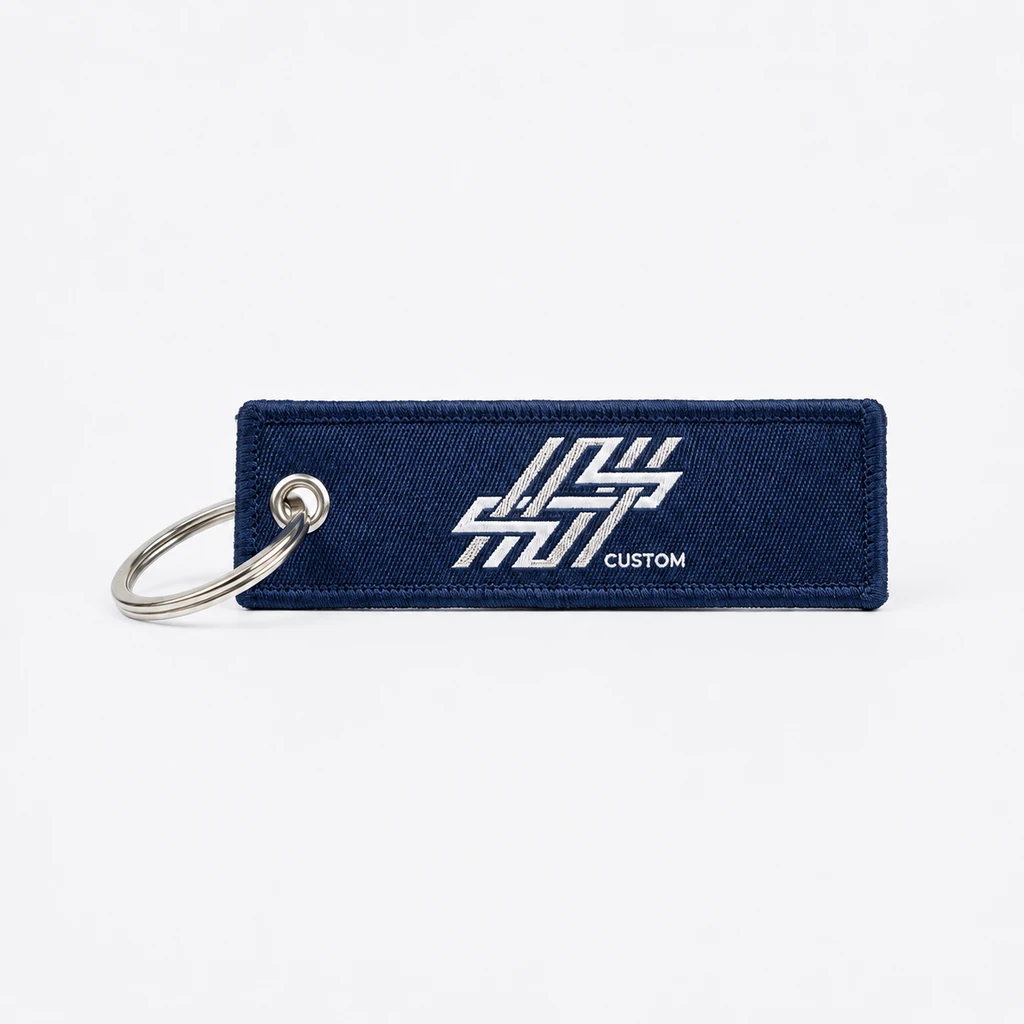Woven keychain sample with reinforced metal eyelet