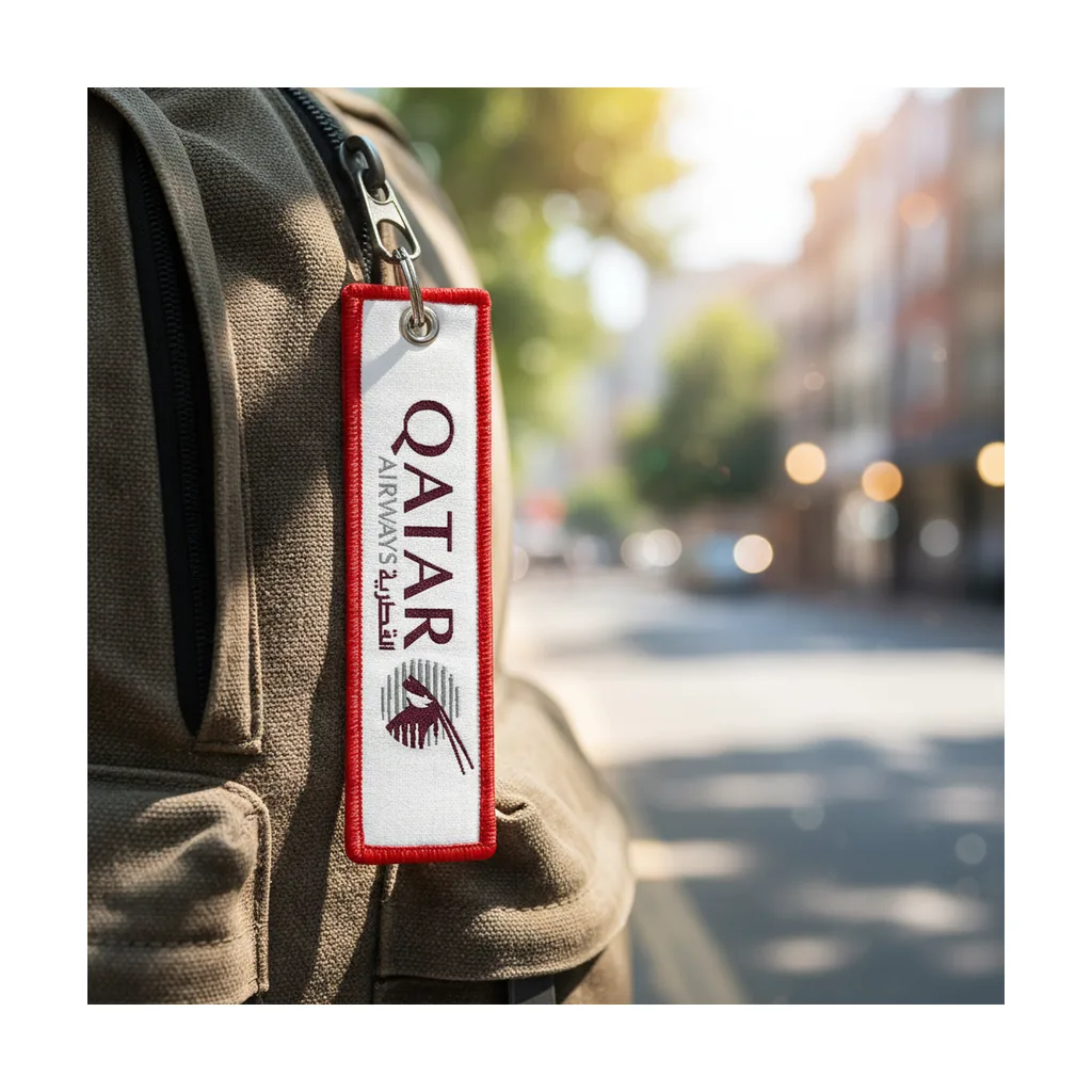 Custom woven keychain in bright multi-color artwork