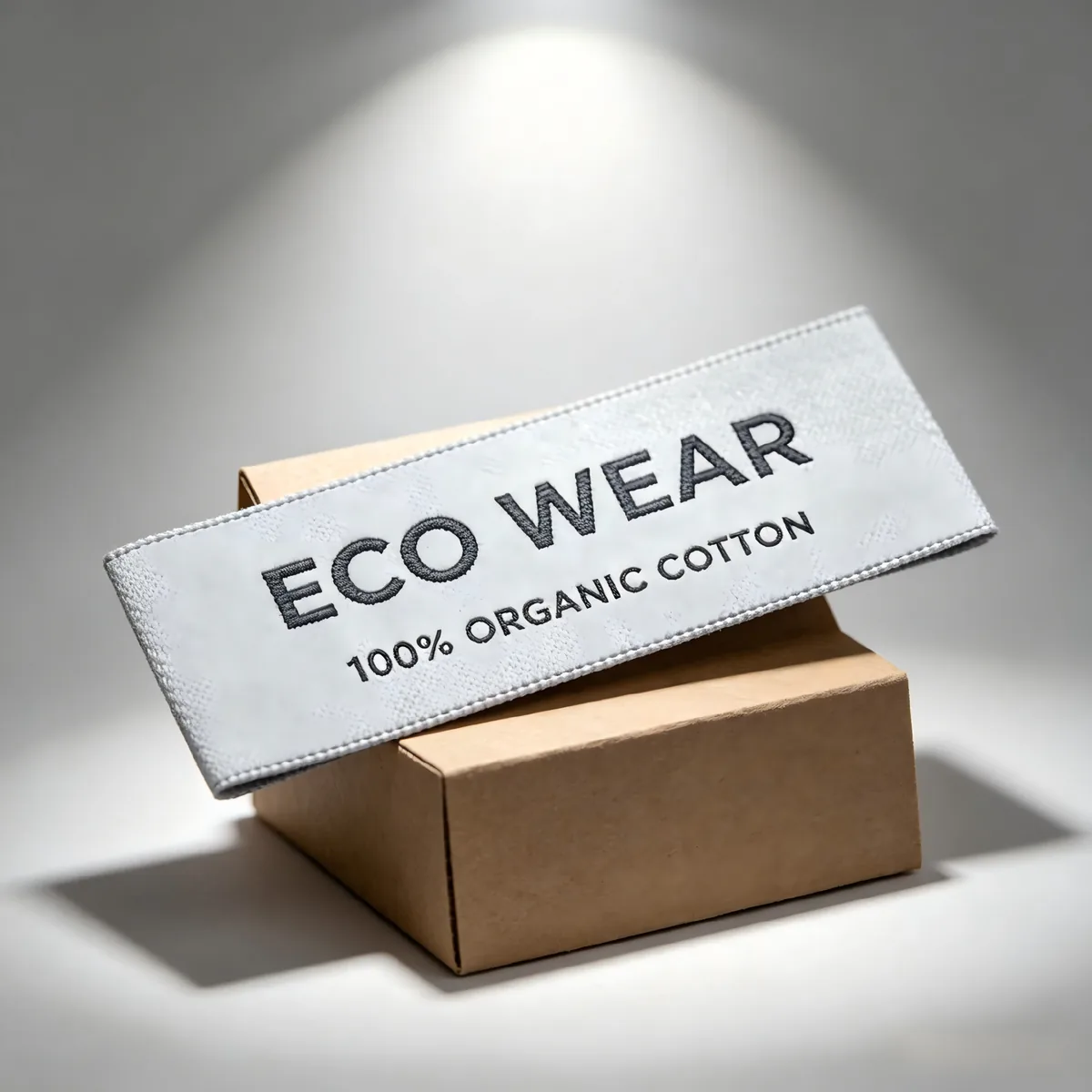 Woven ECO WEAR brand label, 100% organic cotton, shown on a shipping box