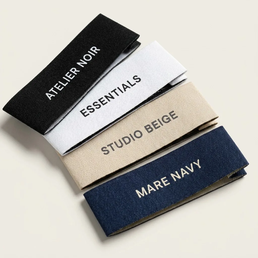 Woven fold labels in Atelier Noir, Essentials, Studio Beige and Mare Navy colorways