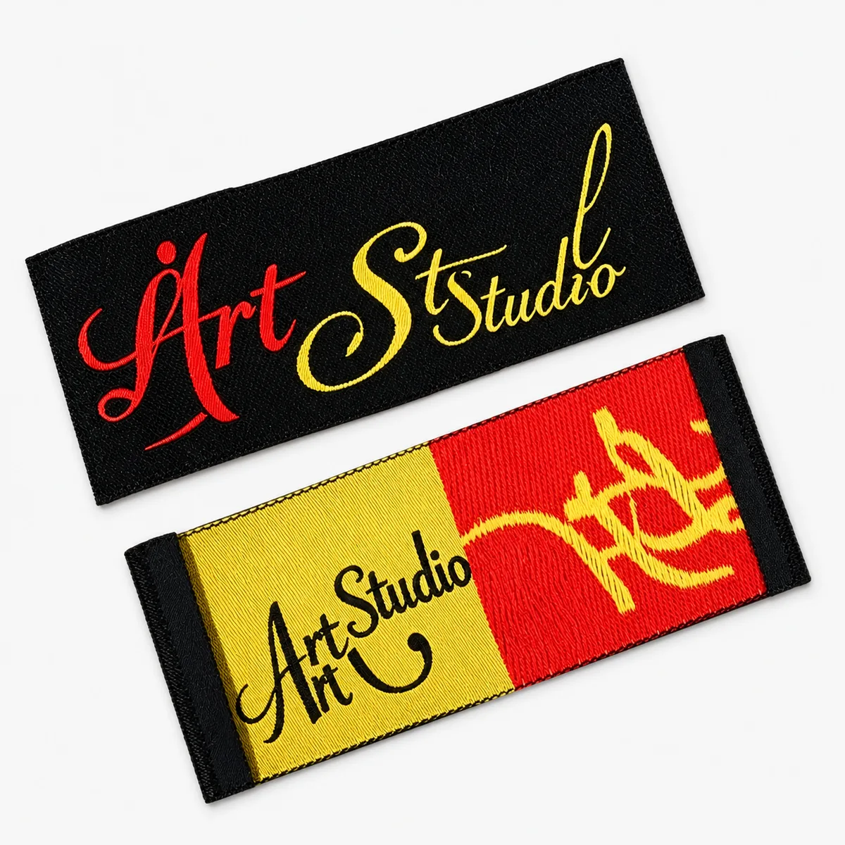 Custom woven Art Studio damask labels in red, gold and black