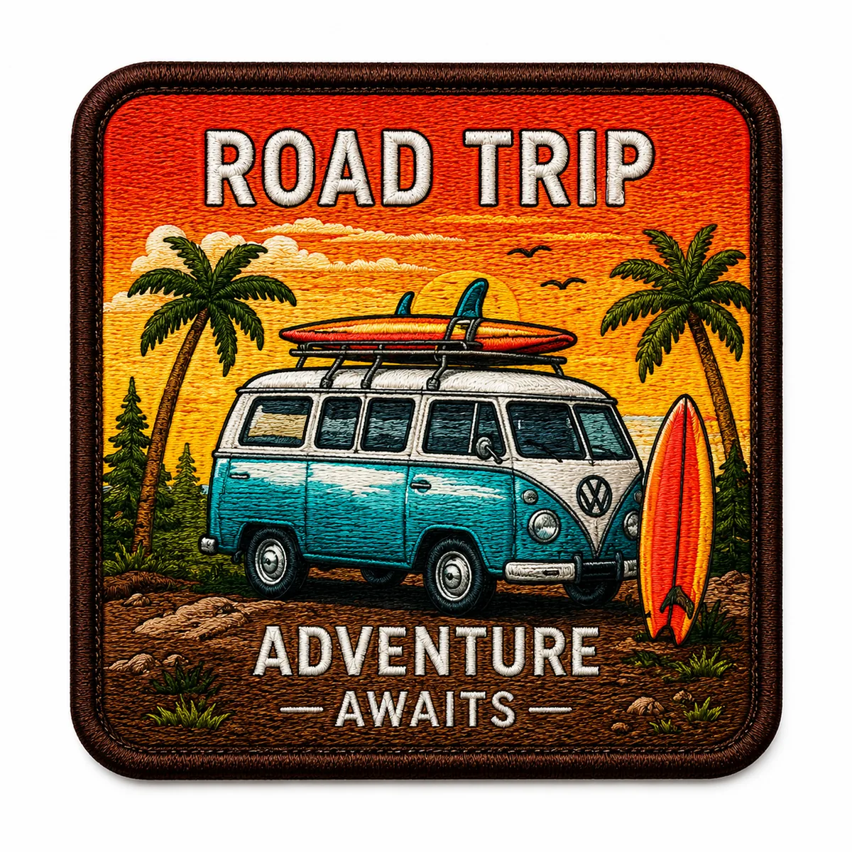 Woven Road Trip adventure patch with a camper van and surfboards, square with merrow border