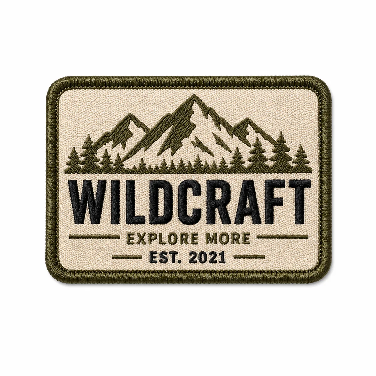 Woven Wildcraft mountain patch in olive and tan with a merrow border