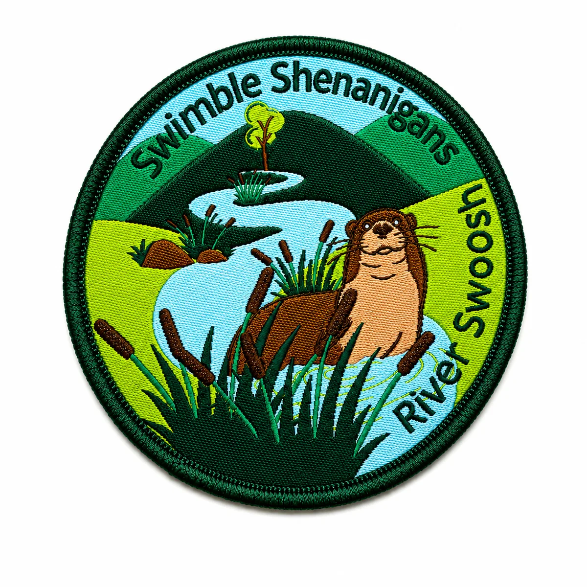 Round woven river-scene patch with an otter and cattails