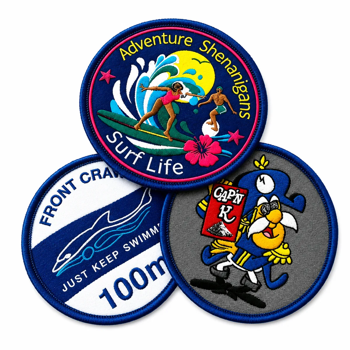 Group of round woven adventure and surf-life patches