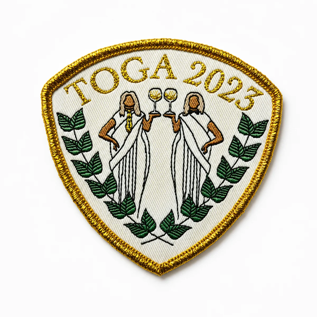 Woven shield patch with a classical toga and laurel design