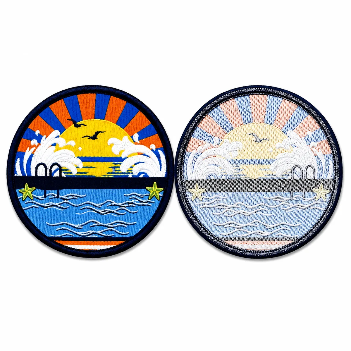 Pair of round woven sunset beach-scene patches
