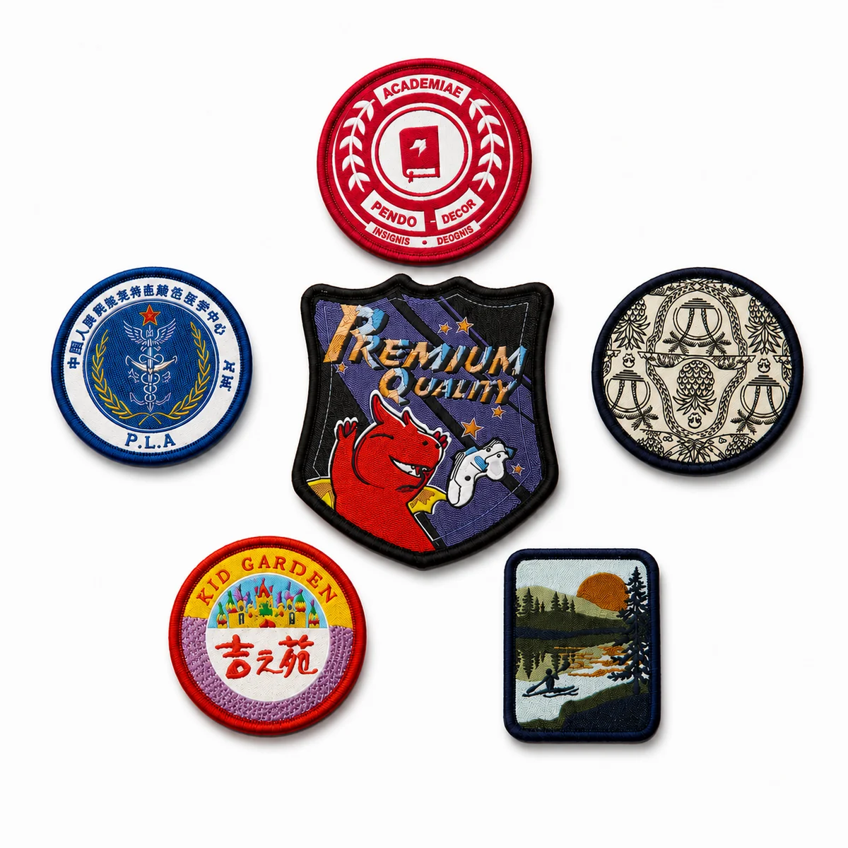 Assorted custom woven and embroidered patches in round, shield and landscape styles