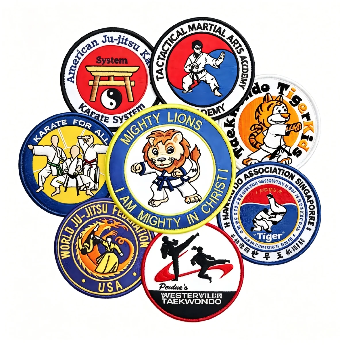 Martial arts custom woven patch set with round club and academy emblems