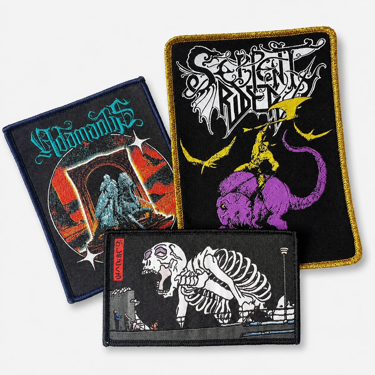 Dark music and fantasy custom woven patch set with detailed artwork and bordered edges
