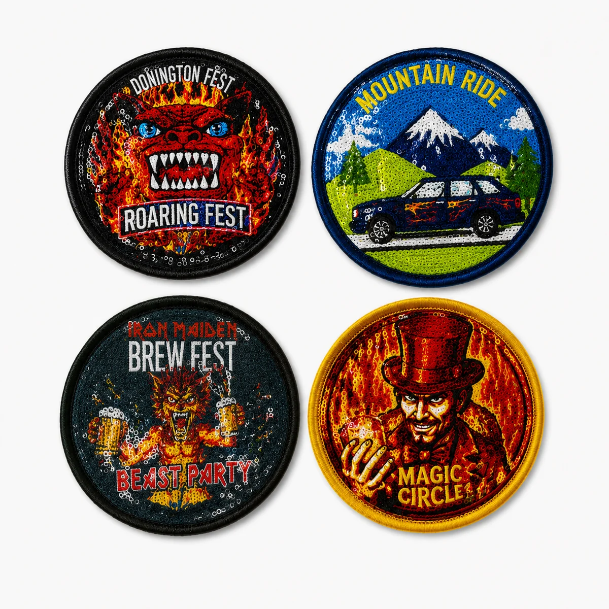 Round event and ride custom patch set with detailed color artwork and merrow borders
