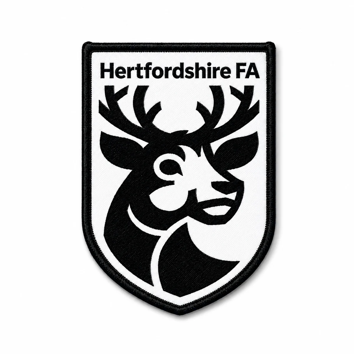 Black and white Hertfordshire FA shield woven patch with merrow border