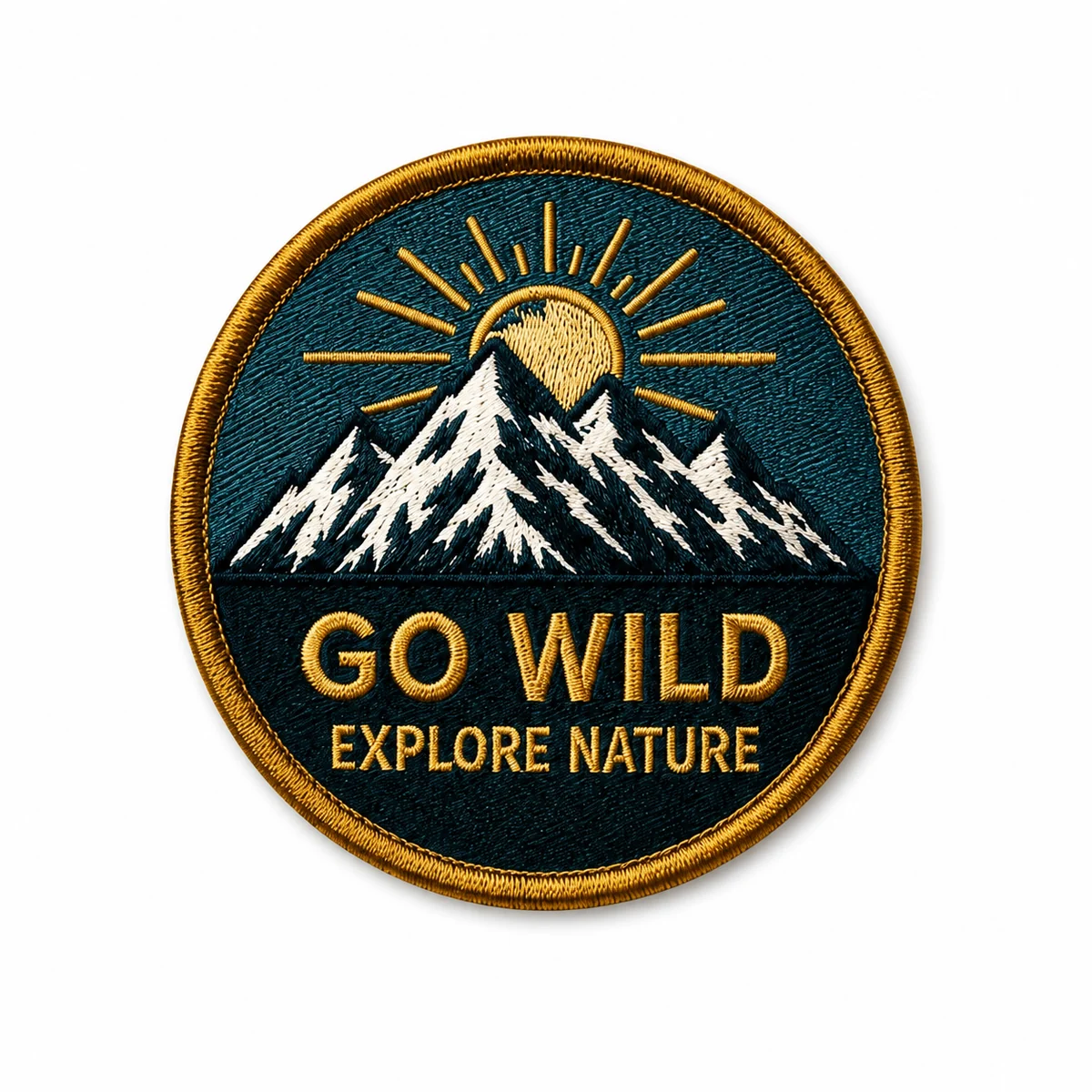 Round Go Wild mountain custom woven patch with gold merrow border