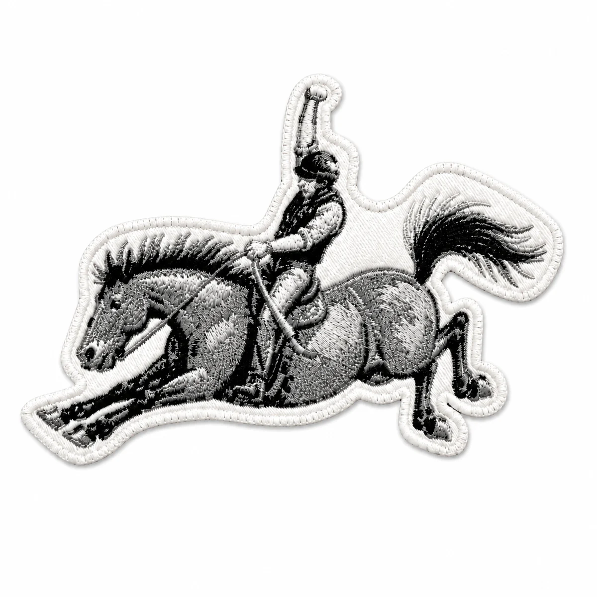 Black and white rider custom shaped woven patch with stitched border