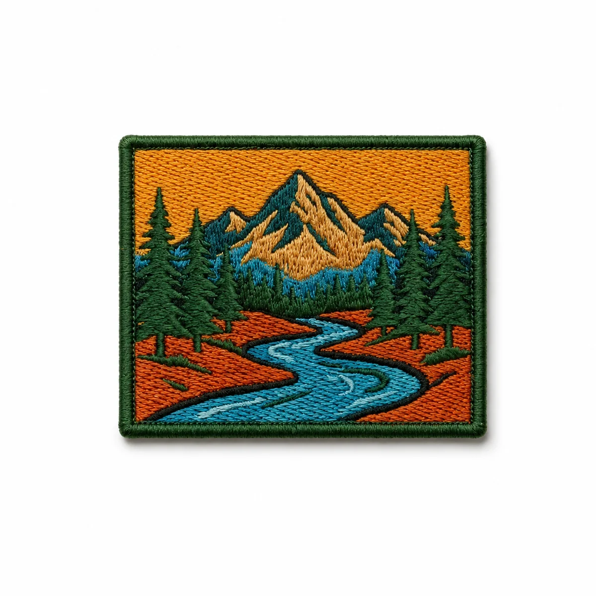 Rectangular mountain and river custom woven patch with green border