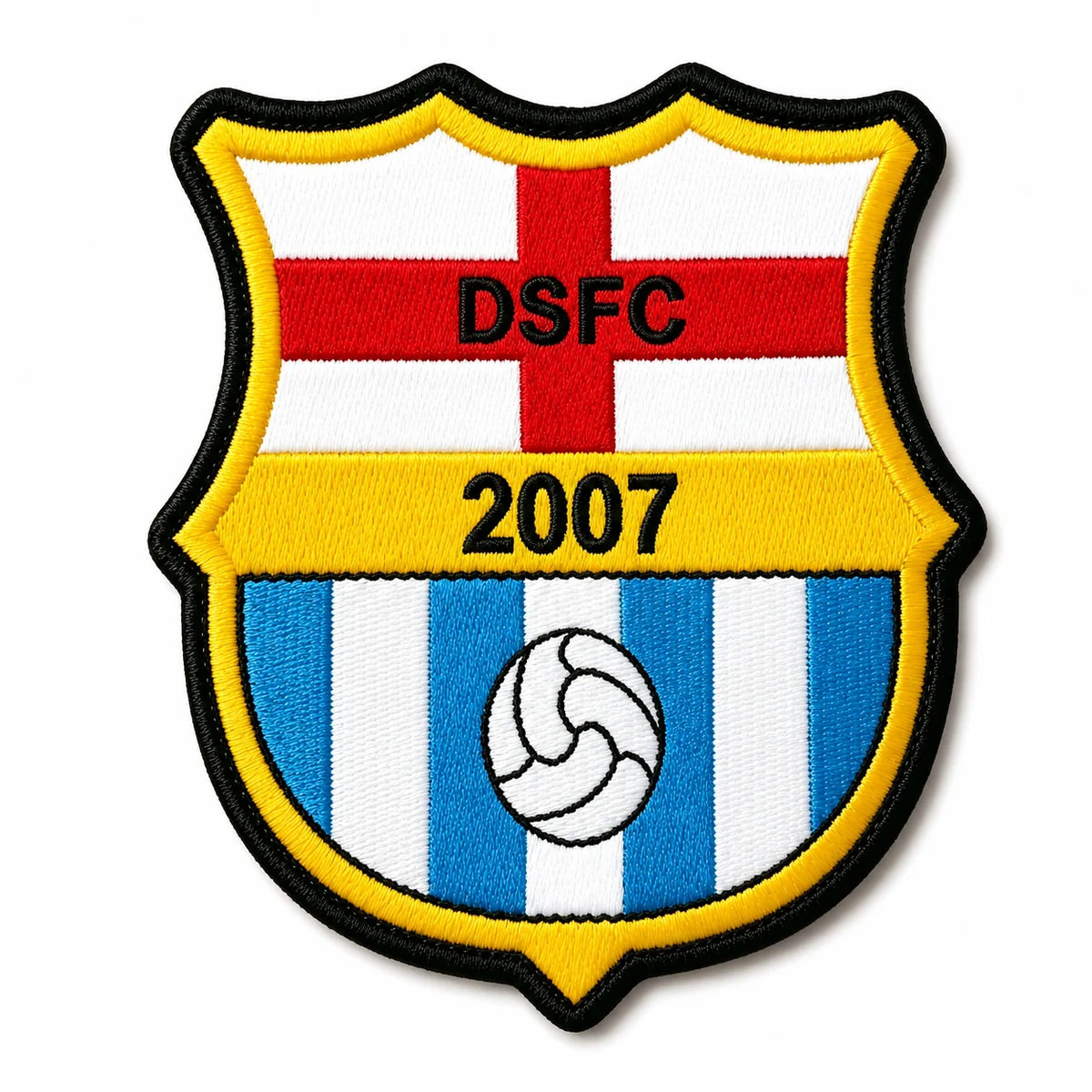 Custom DSFC football shield woven patch with striped color blocks
