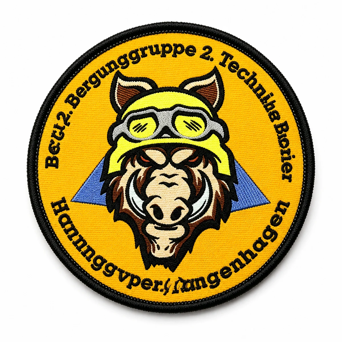 Round yellow mascot custom woven patch with black border and curved lettering