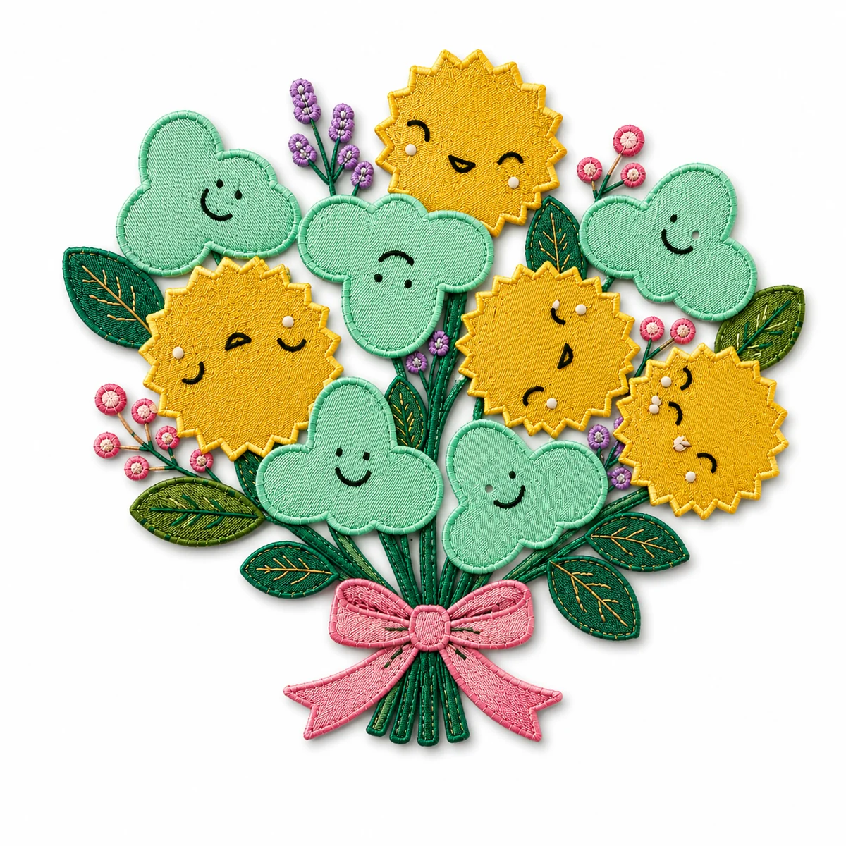 Colorful sun and cloud bouquet custom shaped woven patch